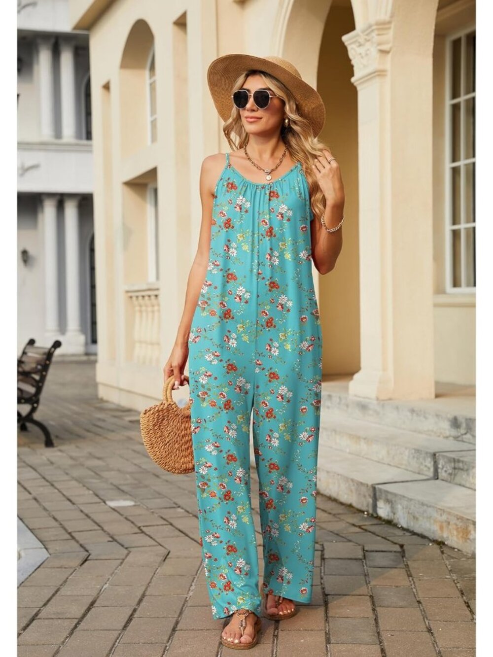 Women Red Flower Casual Sleeveless Imported Spaghetti Strap Boho Wide Leg Romper - Picture 5 of 7